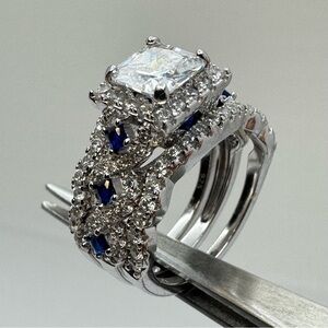 Gorgeous Sterling Silver Princess Cut CZ 3 Band Bridal Ring Set Size 6.5